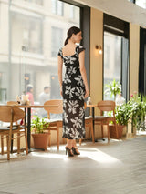 Clobug Black Floral Square Neck Elegant Maxi Dress