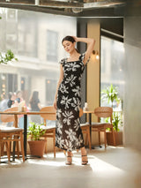 Clobug Black Floral Square Neck Elegant Maxi Dress