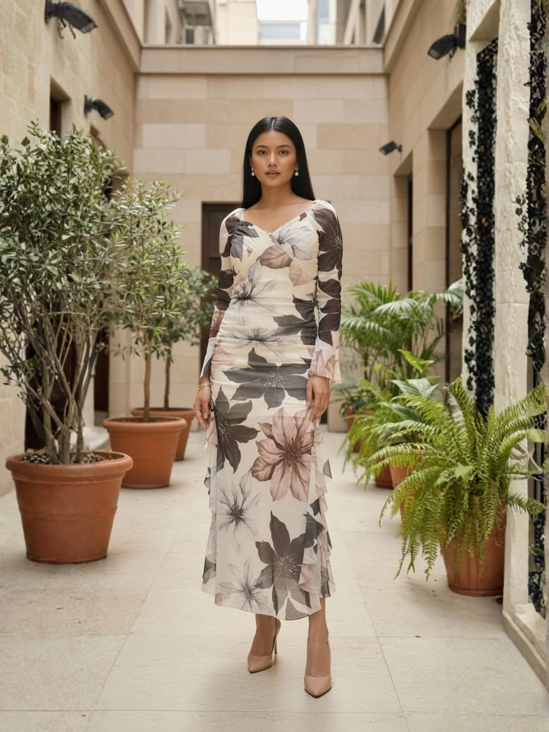 Clobug Ivory Bloom Printed Mesh Midi Dress