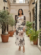 Clobug Ivory Bloom Printed Mesh Midi Dress