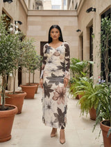 Clobug Ivory Bloom Printed Mesh Midi Dress