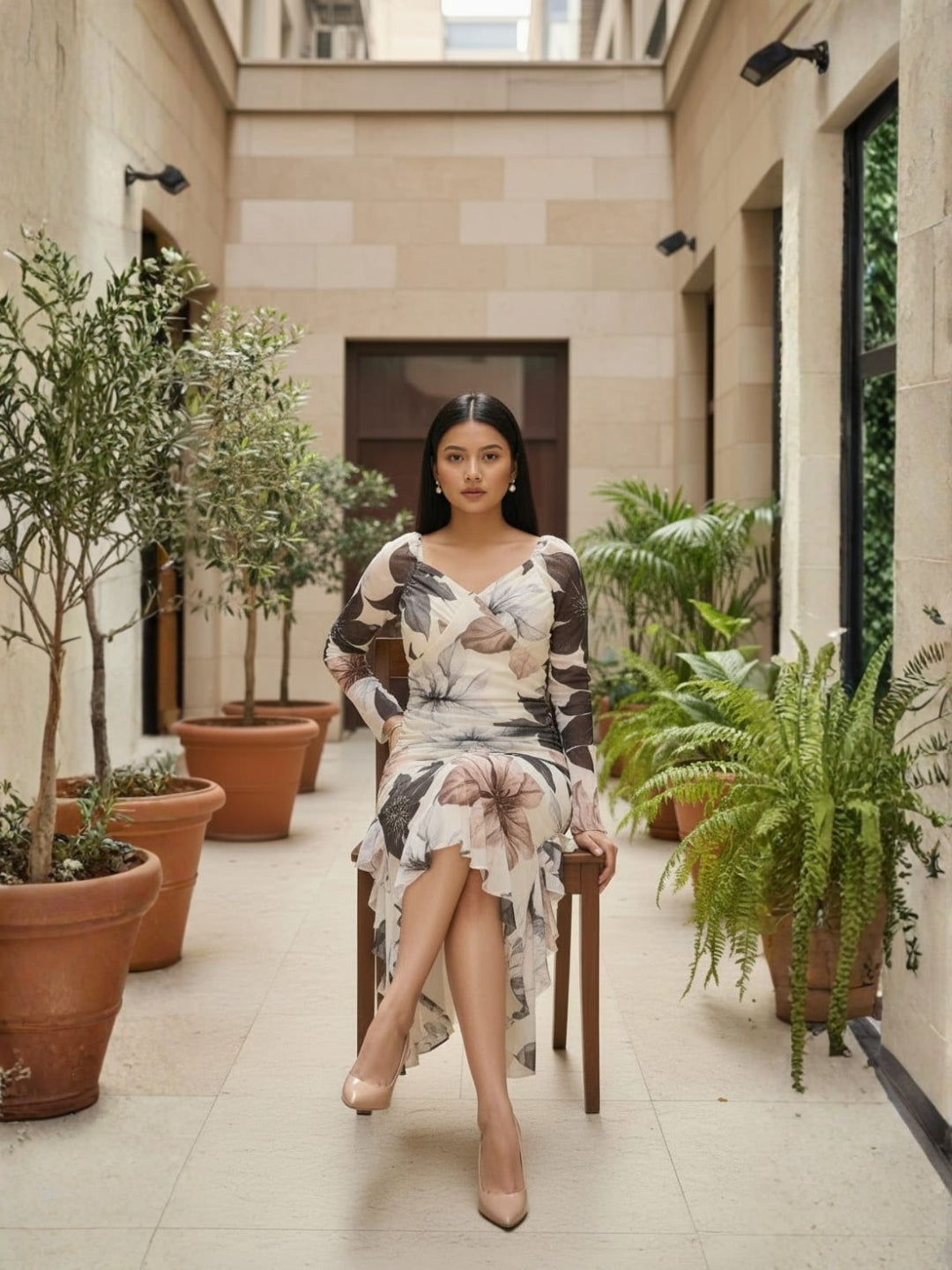 Clobug Ivory Bloom Printed Mesh Midi Dress