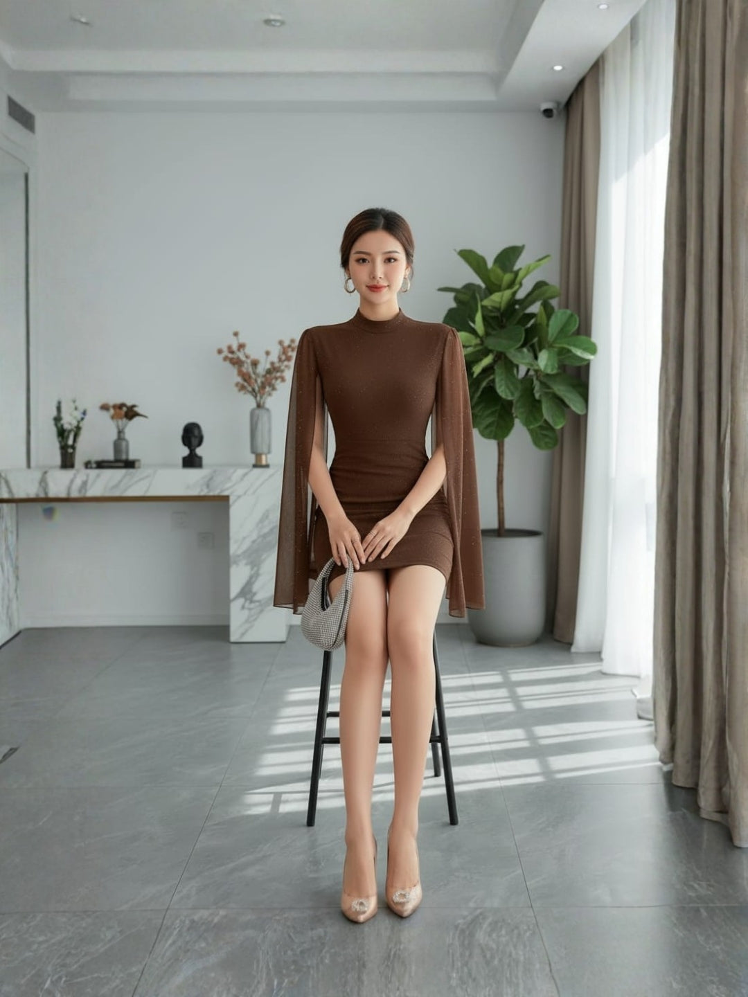 Clobug Cocoa Sparkle Cape Sleeve Bodycon Mini Dress