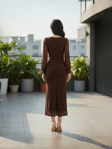 Clobug Elegant Sheer Sleeve Bodycon Midi Dress