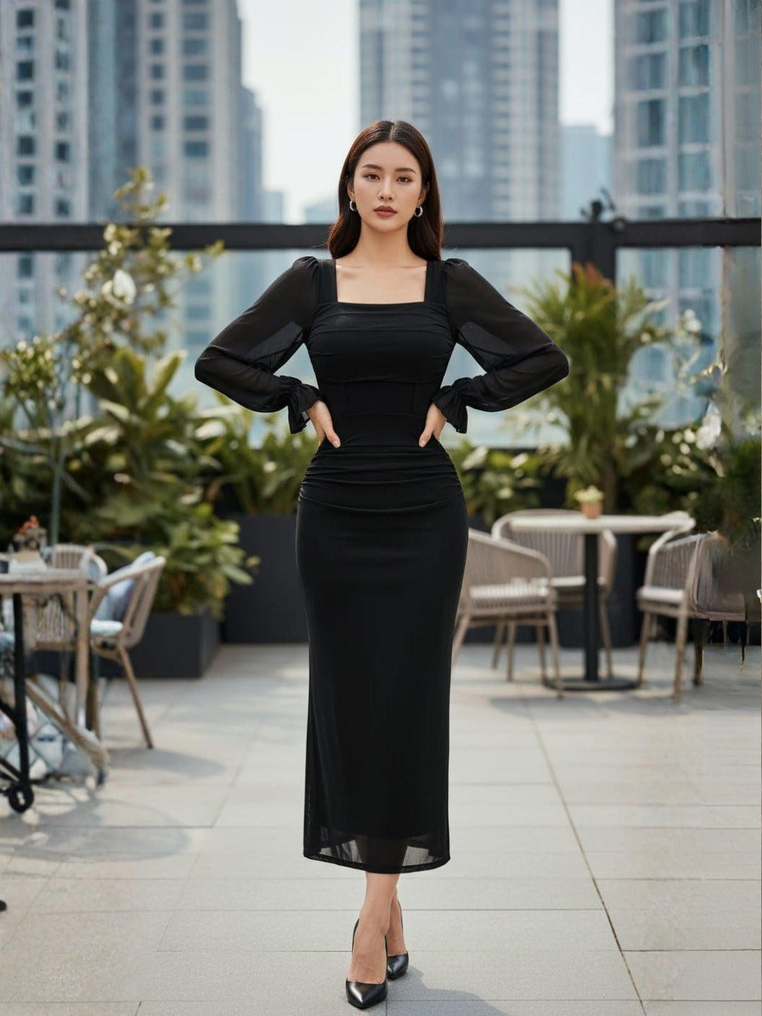 Clobug Elegant Sheer Sleeve Bodycon Midi Dress