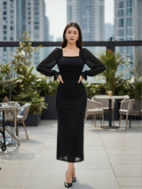 Clobug Elegant Sheer Sleeve Bodycon Midi Dress