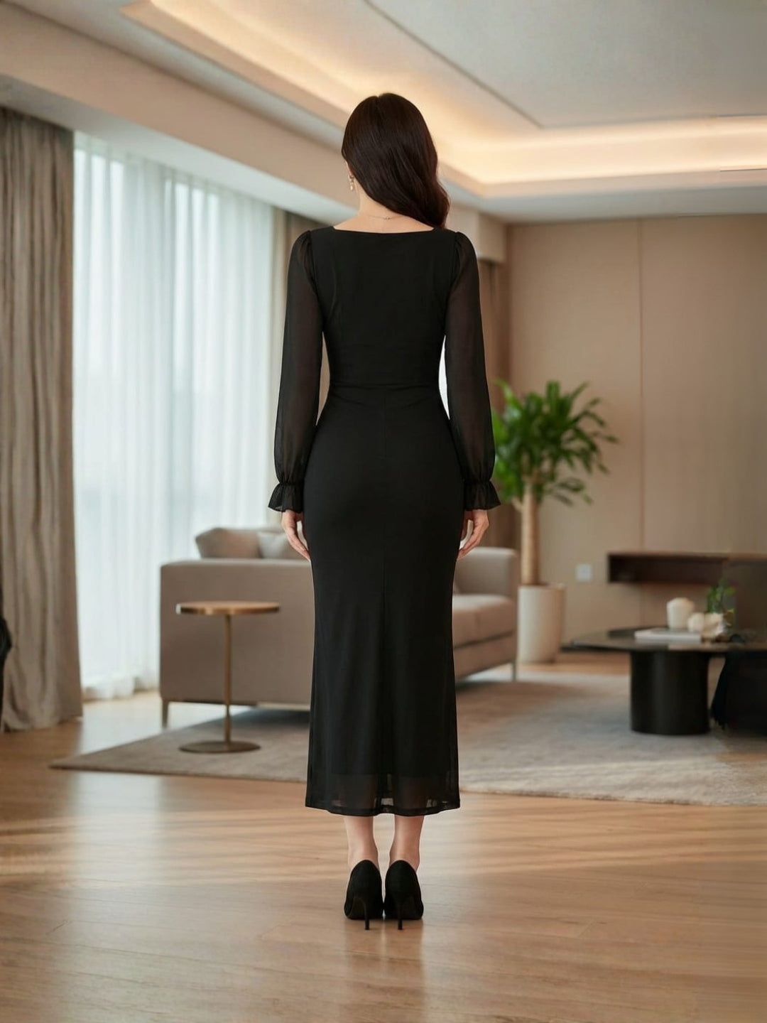 Clobug Elegant Sheer Sleeve Bodycon Midi Dress