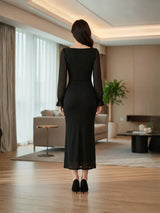 Clobug Elegant Sheer Sleeve Bodycon Midi Dress