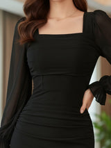 Clobug Elegant Sheer Sleeve Bodycon Midi Dress