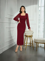 Clobug Elegant Sheer Sleeve Bodycon Midi Dress