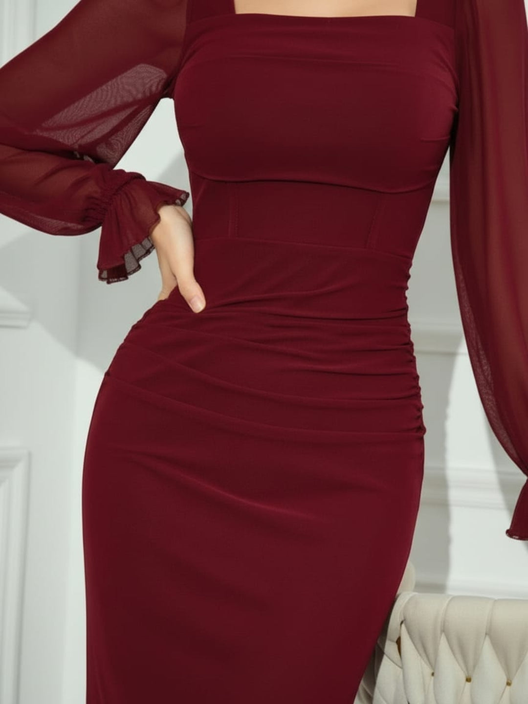 Clobug Elegant Sheer Sleeve Bodycon Midi Dress