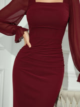 Clobug Elegant Sheer Sleeve Bodycon Midi Dress