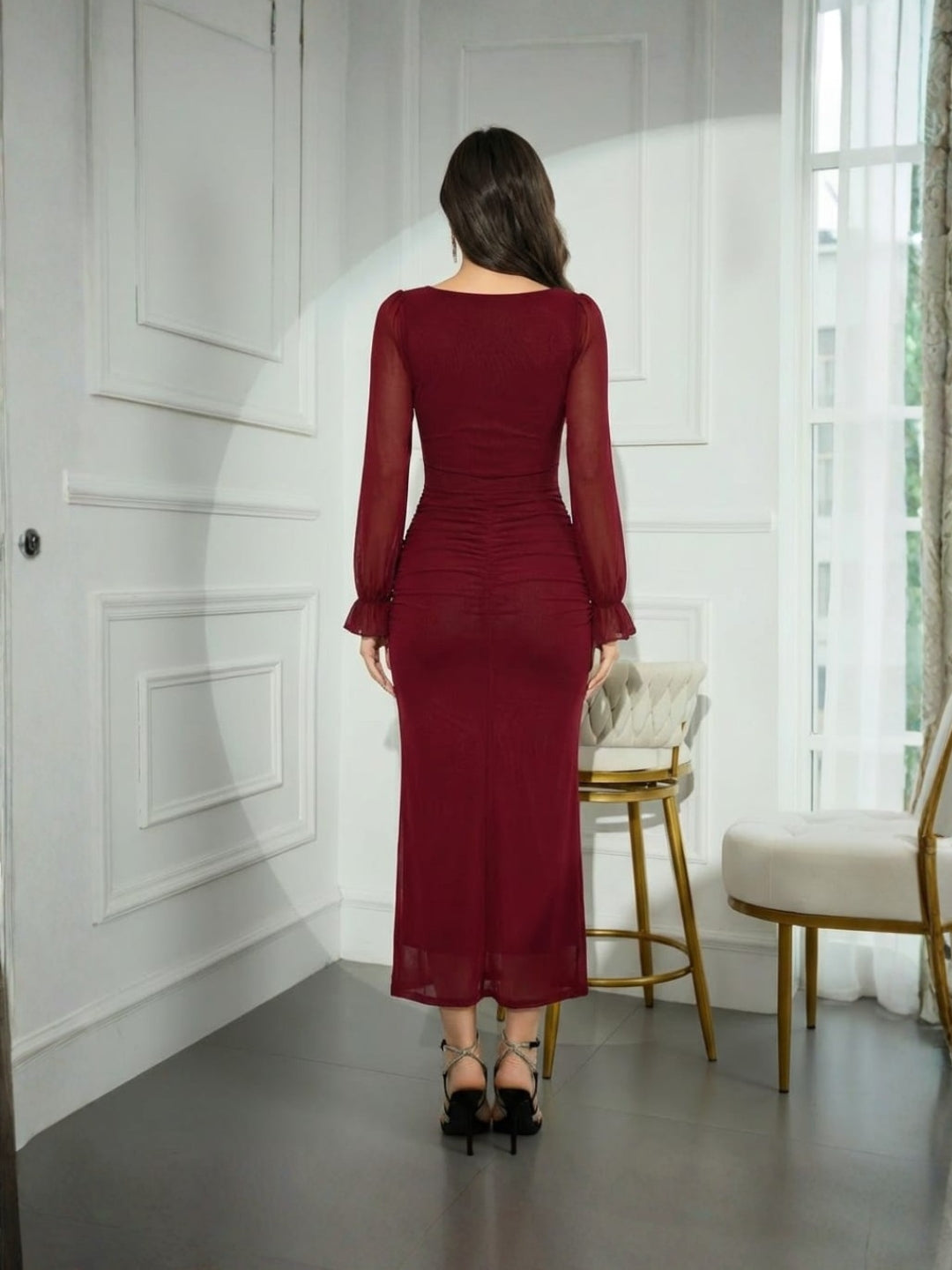 Clobug Elegant Sheer Sleeve Bodycon Midi Dress
