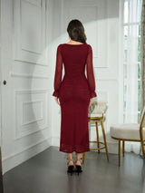 Clobug Elegant Sheer Sleeve Bodycon Midi Dress