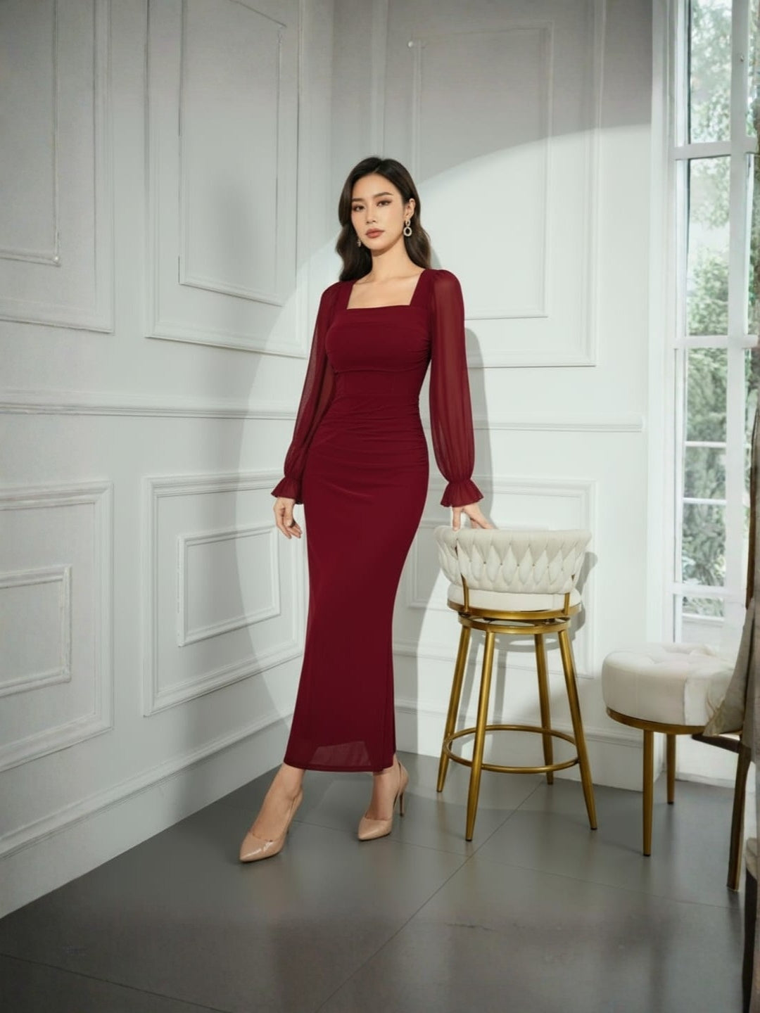 Clobug Elegant Sheer Sleeve Bodycon Midi Dress