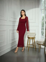 Clobug Elegant Sheer Sleeve Bodycon Midi Dress