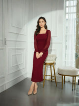 Clobug Elegant Sheer Sleeve Bodycon Midi Dress