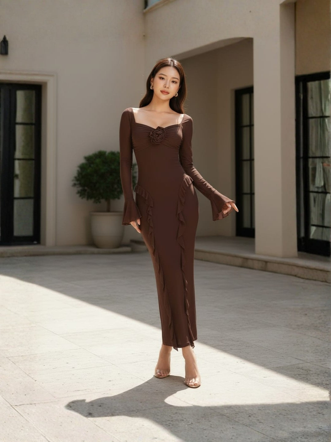 Clobug Rose Detail Ruffle Trim Elegant Midi Dress