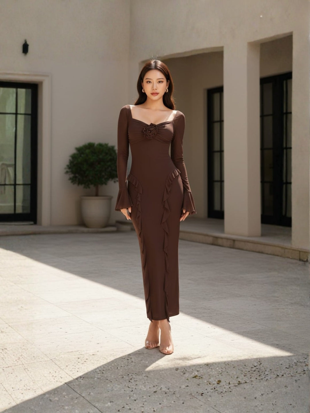 Clobug Rose Detail Ruffle Trim Elegant Midi Dress