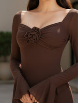 Clobug Rose Detail Ruffle Trim Elegant Midi Dress
