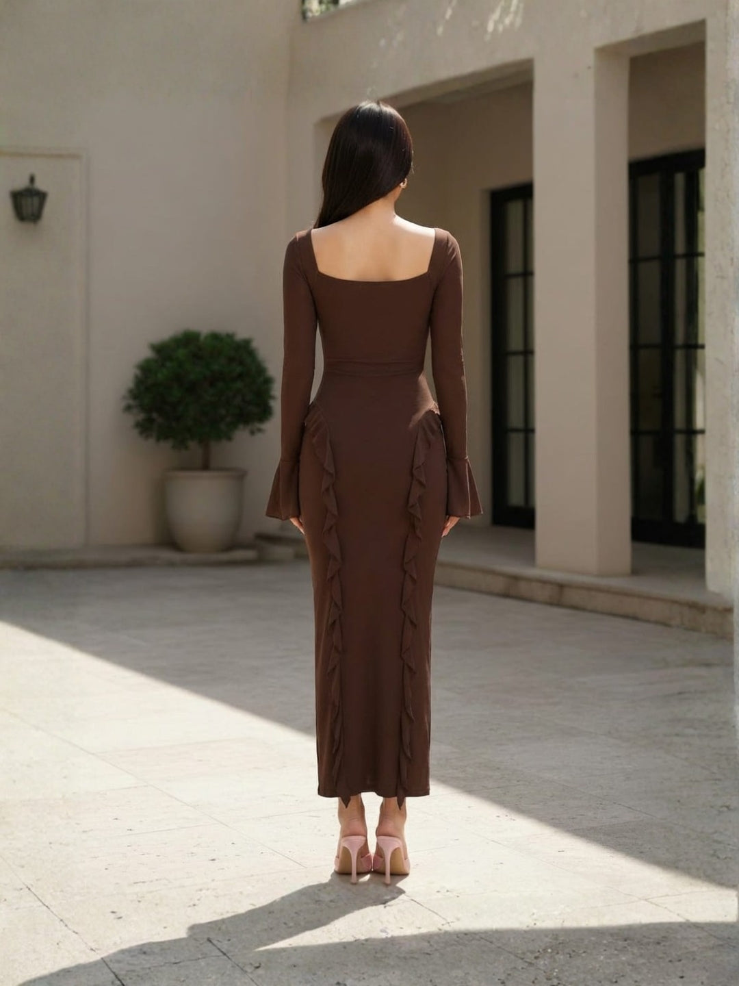 Clobug Rose Detail Ruffle Trim Elegant Midi Dress
