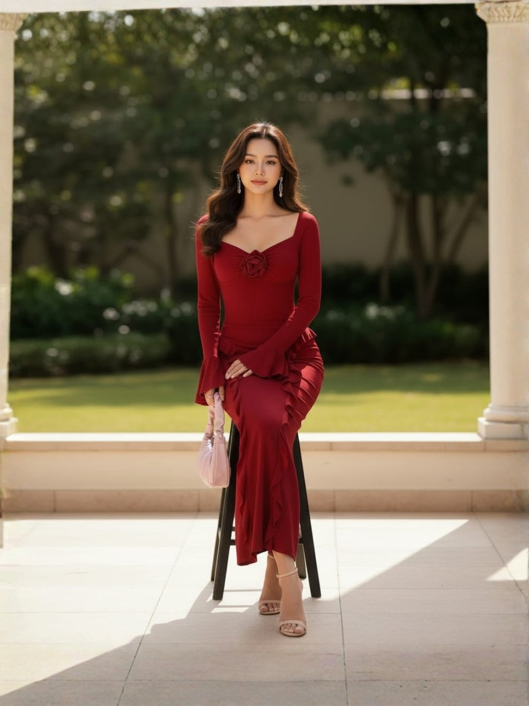 Clobug Rose Detail Ruffle Trim Elegant Midi Dress