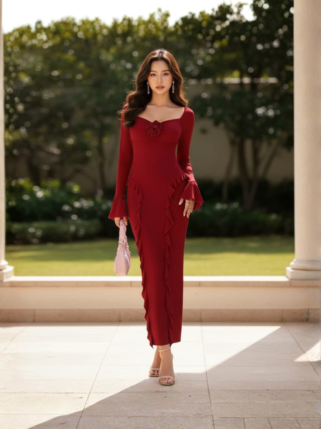 Clobug Rose Detail Ruffle Trim Elegant Midi Dress