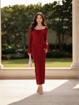 Clobug Rose Detail Ruffle Trim Elegant Midi Dress