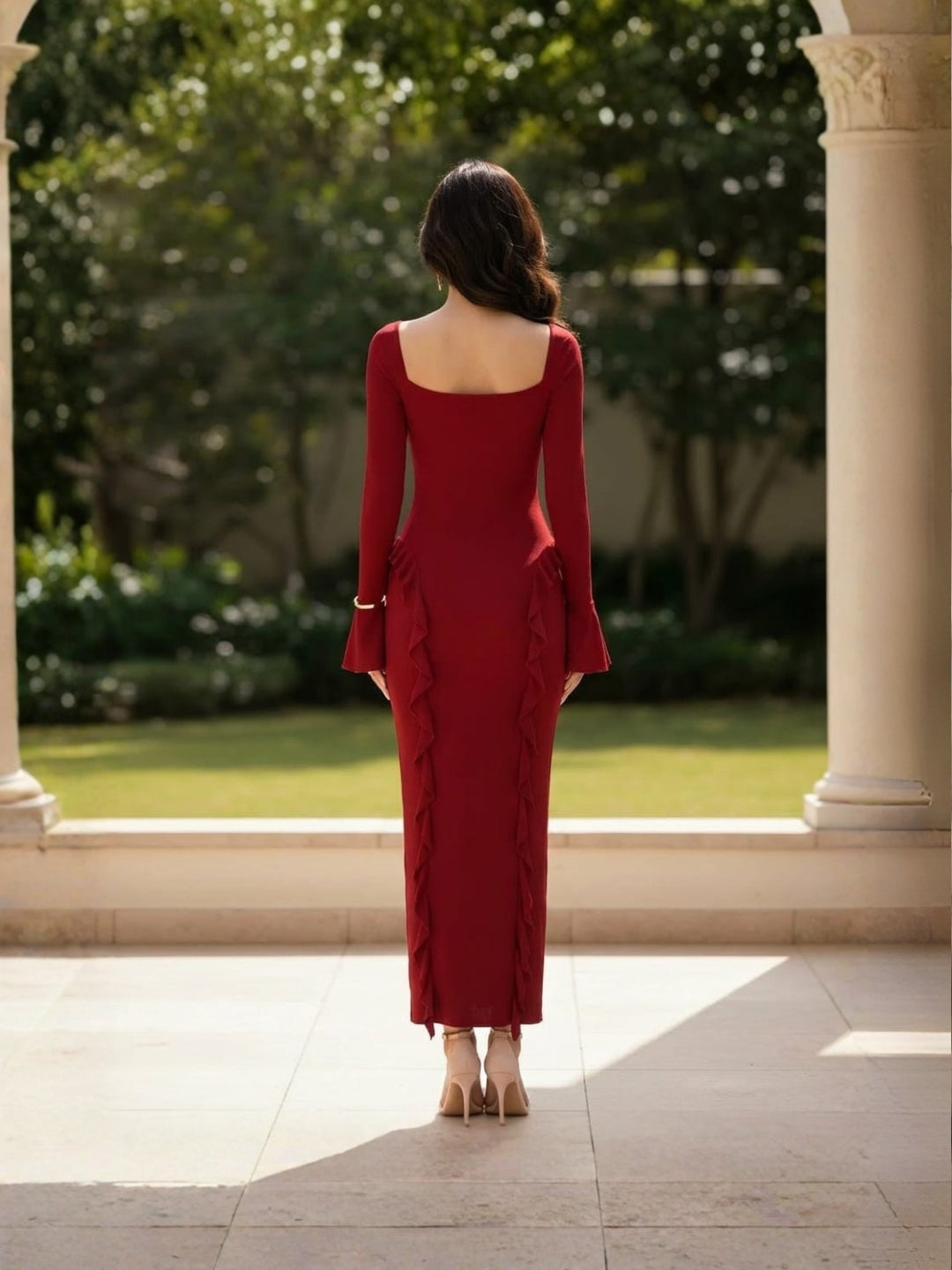 Clobug Rose Detail Ruffle Trim Elegant Midi Dress