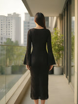 Clobug Elegant Knit Midi Dress – Flare Sleeve Bodycon