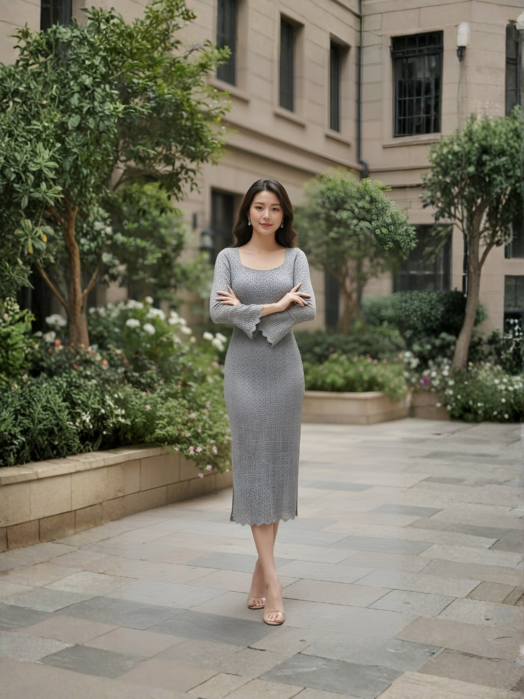Clobug Elegant Knit Midi Dress – Flare Sleeve Bodycon