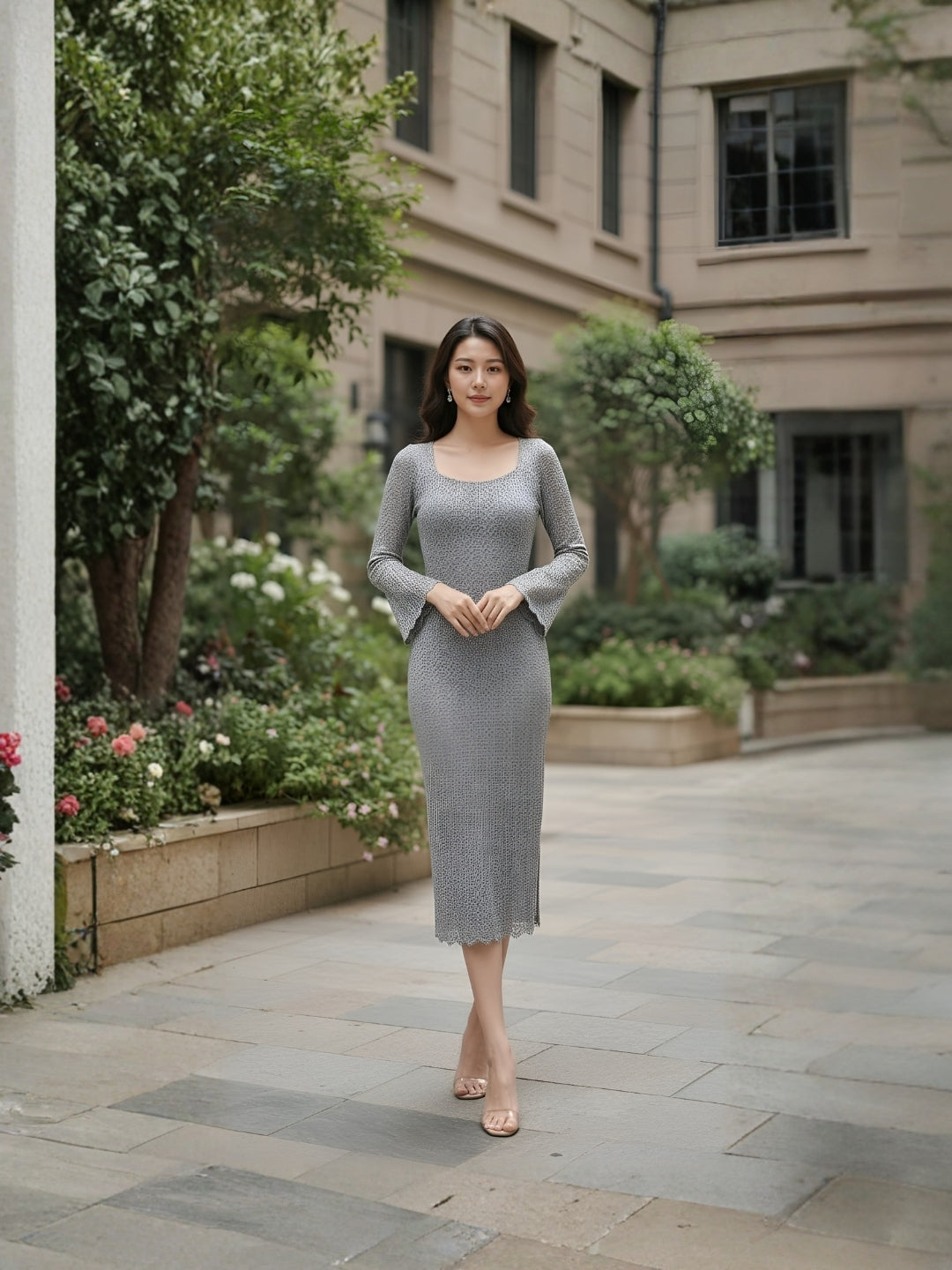 Clobug Elegant Knit Midi Dress – Flare Sleeve Bodycon