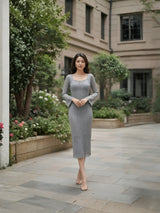 Clobug Elegant Knit Midi Dress – Flare Sleeve Bodycon
