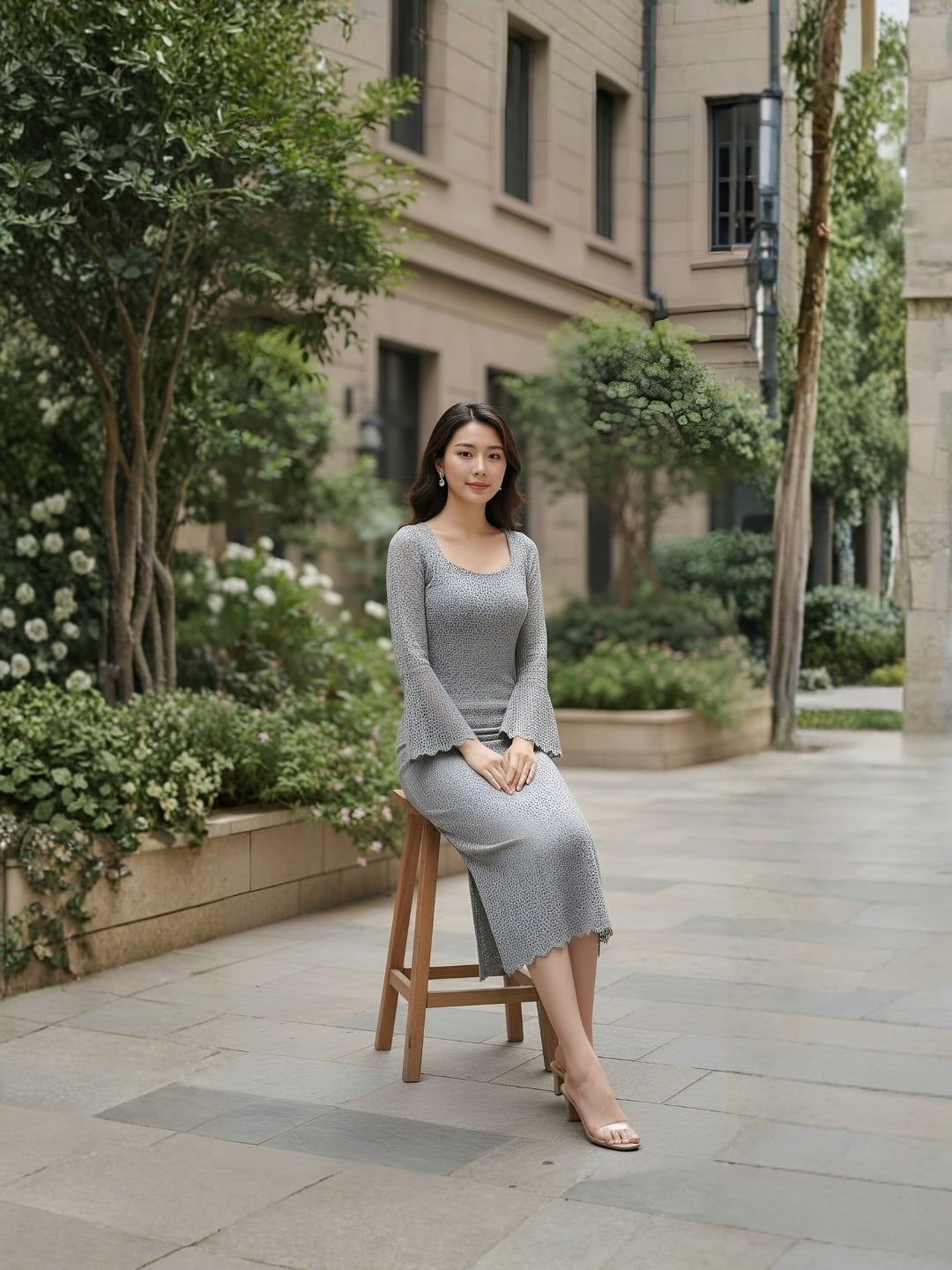 Clobug Elegant Knit Midi Dress – Flare Sleeve Bodycon