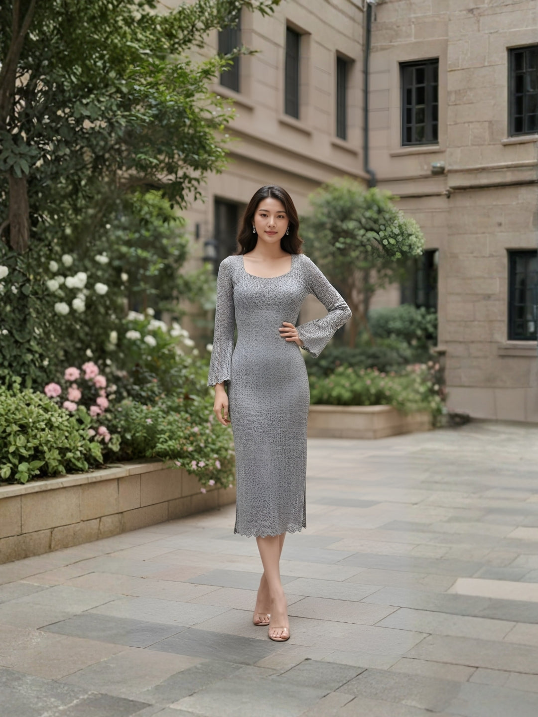 Clobug Elegant Knit Midi Dress – Flare Sleeve Bodycon