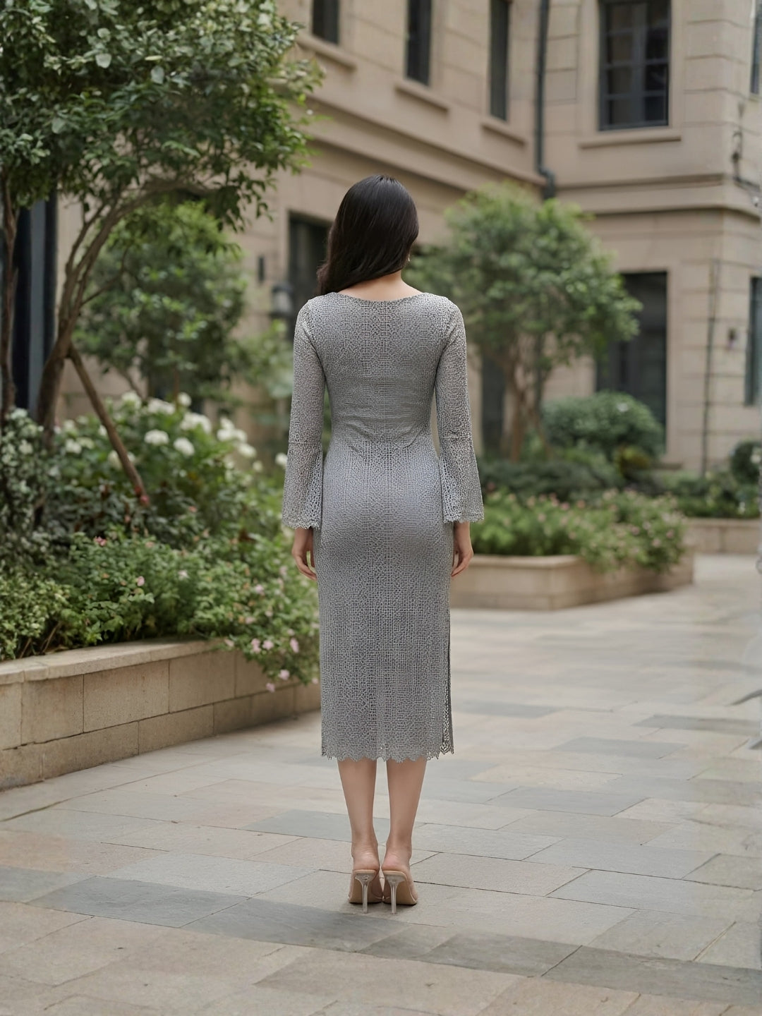 Clobug Elegant Knit Midi Dress – Flare Sleeve Bodycon