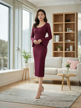 Clobug Elegant Knit Midi Dress – Flare Sleeve Bodycon
