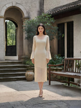 Clobug Elegant Lace Midi Dress – Long Sleeve Party & Evening Wear