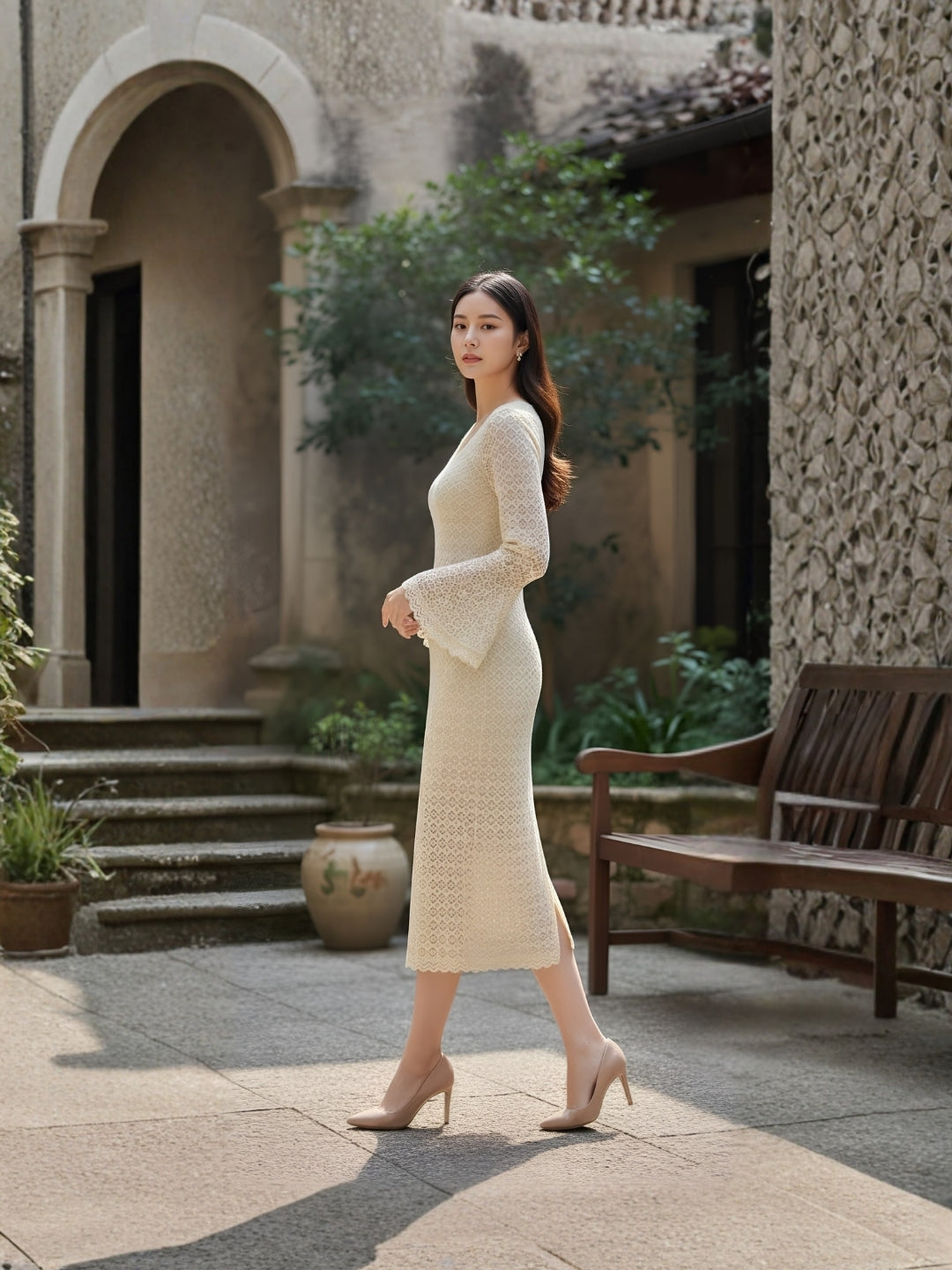 Clobug Elegant Lace Midi Dress – Long Sleeve Party & Evening Wear