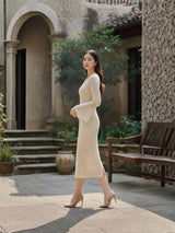 Clobug Elegant Lace Midi Dress – Long Sleeve Party & Evening Wear