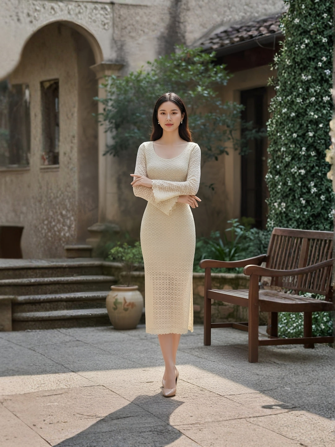 Clobug Elegant Lace Midi Dress – Long Sleeve Party & Evening Wear