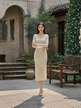 Clobug Elegant Lace Midi Dress – Long Sleeve Party & Evening Wear