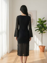 Clobug Elegant Lace Midi Dress – Long Sleeve Party & Evening Wear