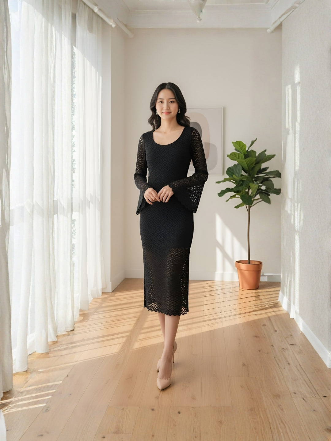 Clobug Elegant Lace Midi Dress – Long Sleeve Party & Evening Wear