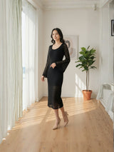 Clobug Elegant Lace Midi Dress – Long Sleeve Party & Evening Wear