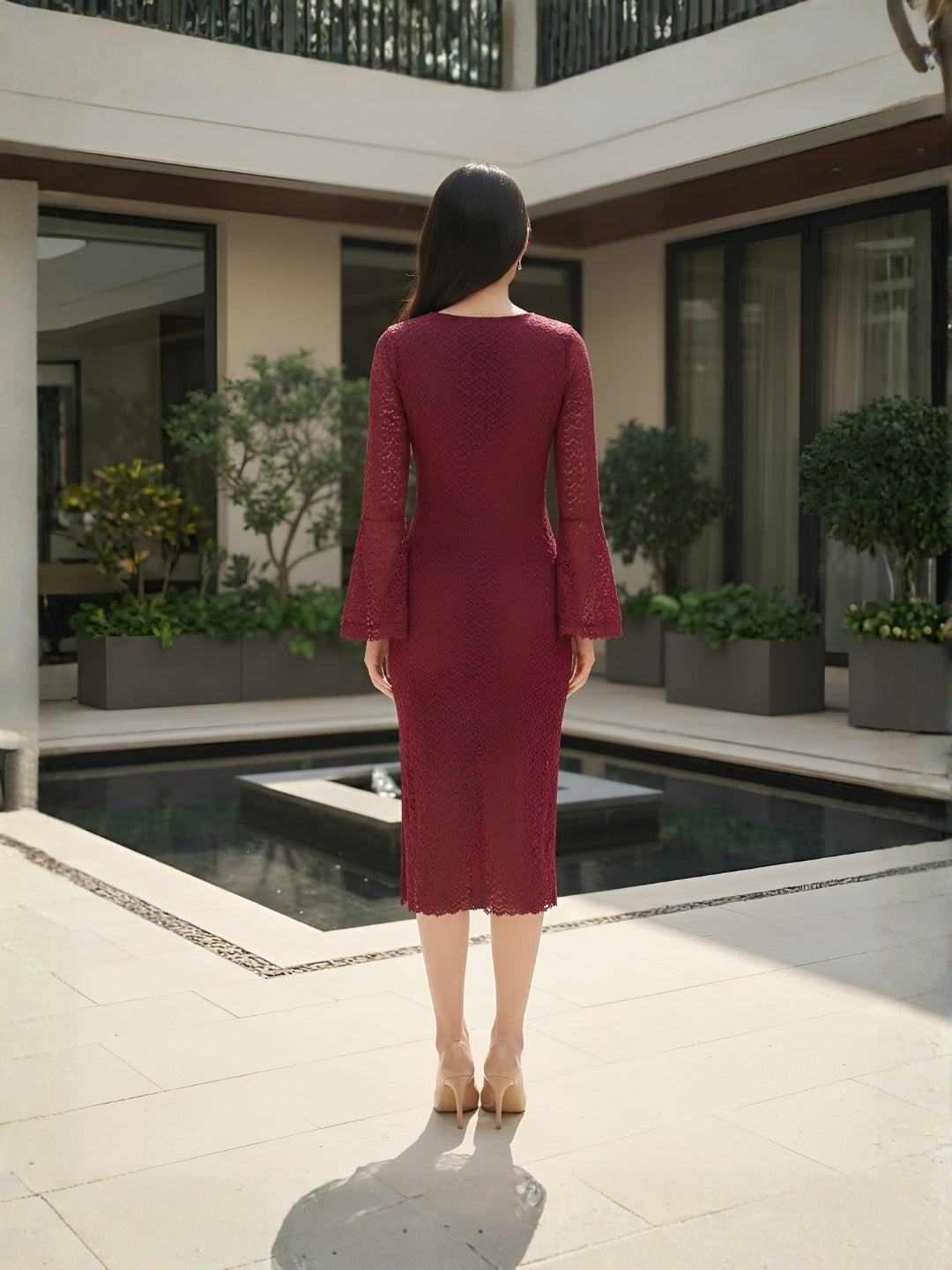 Clobug Elegant Lace Midi Dress – Long Sleeve Party & Evening Wear