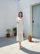 Clobug Elegant Lace Midi Dress – Flare Sleeve Classic Fit