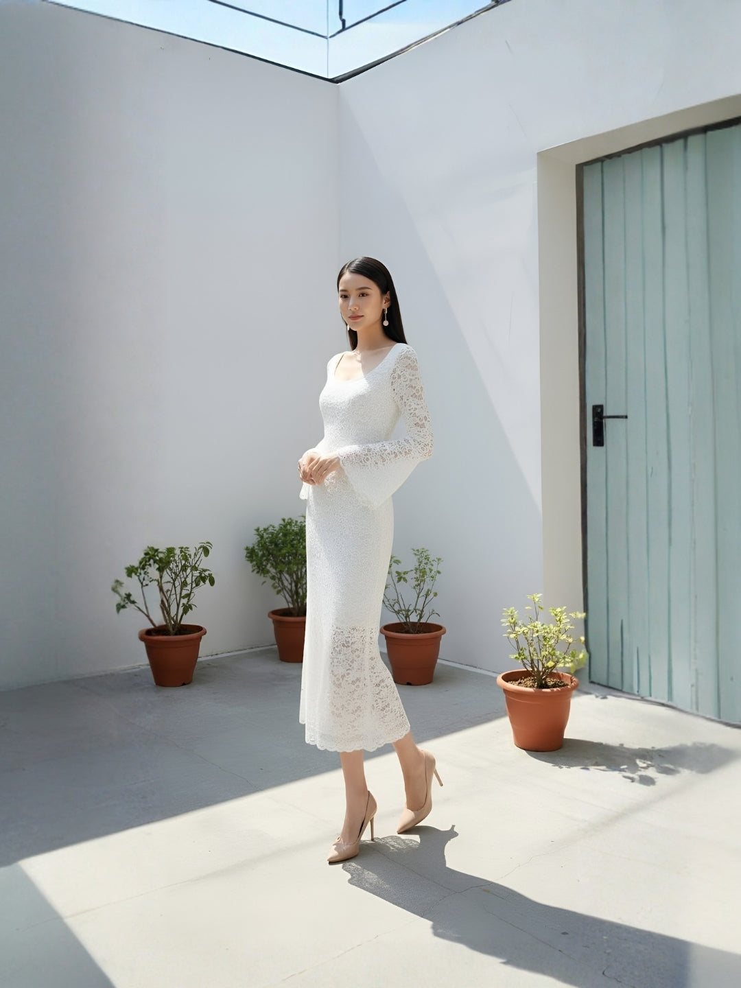 Clobug Elegant Lace Midi Dress – Flare Sleeve Classic Fit