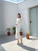 Clobug Elegant Lace Midi Dress – Flare Sleeve Classic Fit