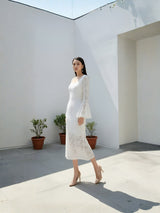 Clobug Elegant Lace Midi Dress – Flare Sleeve Classic Fit